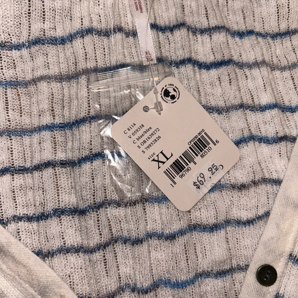Free People Cream and Blue Striped Collared Cardigan XL NWT - Picture 5 of 6